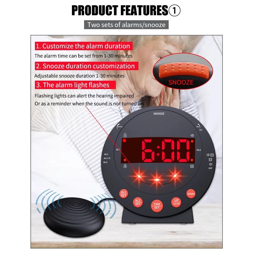 DQ LED Flashing Vibrating Alarm Clock with Bed Shaker