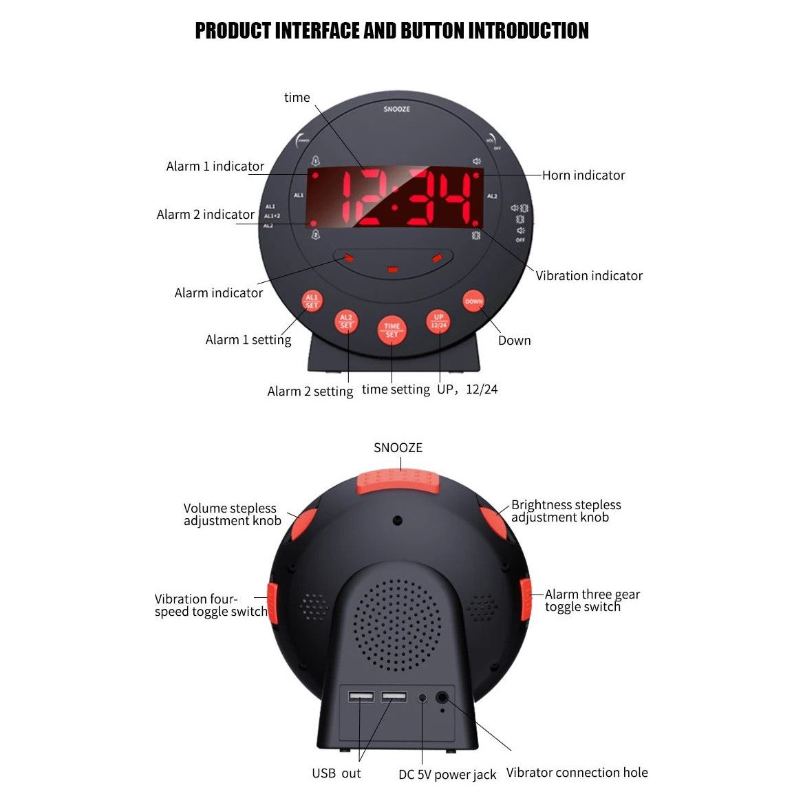 DQ LED Flashing Vibrating Alarm Clock with Bed Shaker