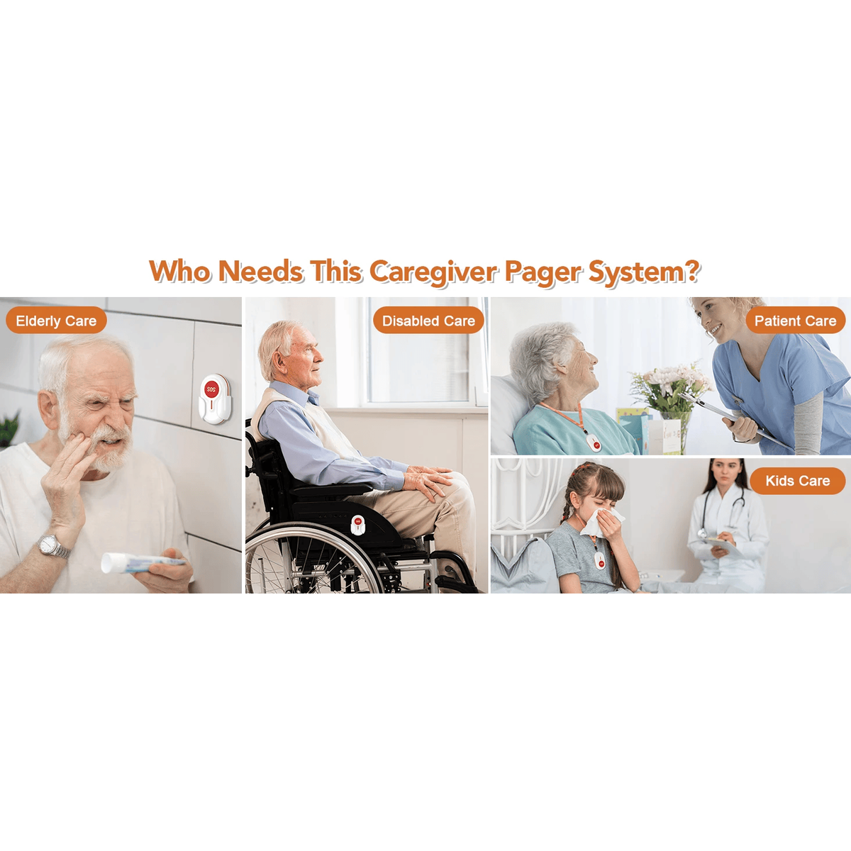 Wireless Caregiver Pager with 2 SOS Buttons (Up to 300mtrs range)