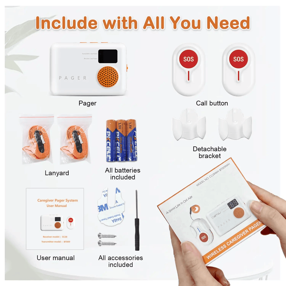 Wireless Caregiver Pager with 2 SOS Buttons (Up to 300mtrs range)