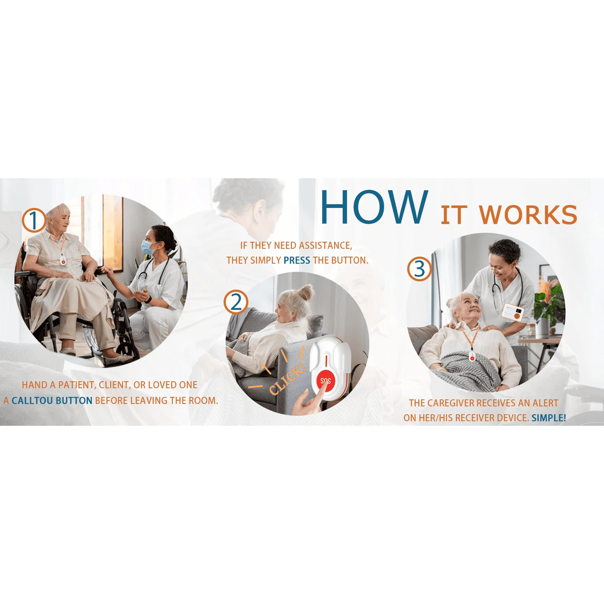 Wireless Caregiver Pager with 2 SOS Buttons (Up to 300mtrs range)
